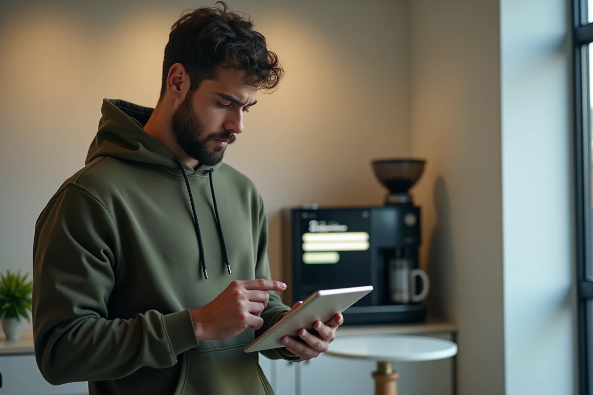 Jeune employé accédant à son espace habillement sur une tablette dans une salle de pause d'entreprise