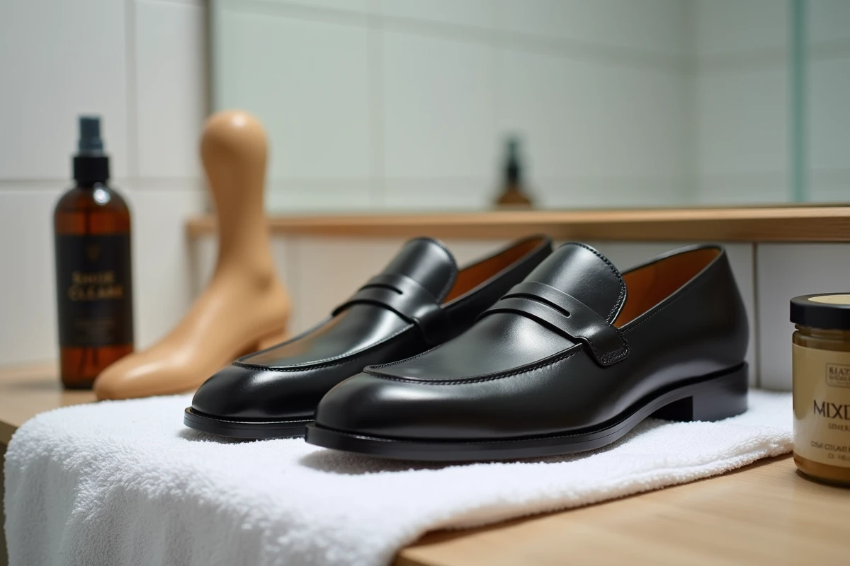 Accessoires pour élargir des chaussures en cuir : embauchoir en bois, spray d'élargissement et crème neutre sur étagère