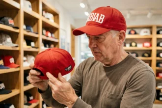 Homme examinant attentivement une casquette rouge America Great Again dans un magasin de chapellerie, vérifiant la qualité de broderie avant achat