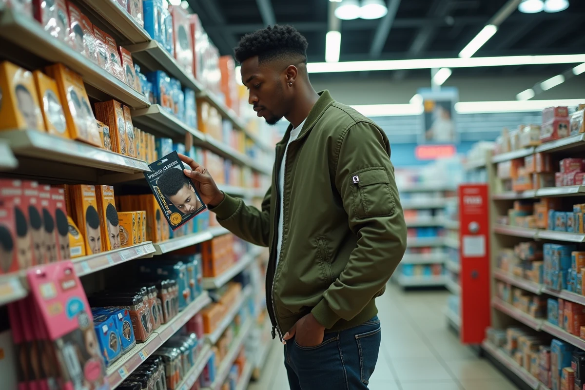 Homme en magasin choisissant un wave cap pas cher dans un rayon d'accessoires capillaires avec des prix abordables