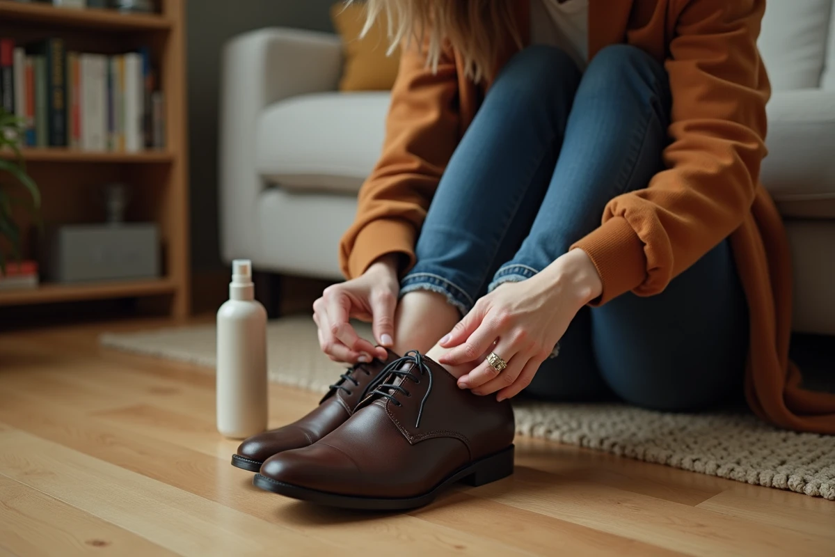 Femme massant ses chaussures en cuir neuves avec un spray pour les élargir, assise sur un parquet en bois dans un appartement cosy