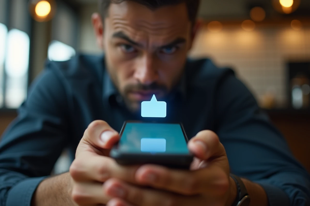 Homme tenant un smartphone affichant une alerte de diffusion non consentie de contenu privé dans un café