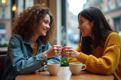 Deux adolescentes échangent des bagues d'amitié en forme de cœur