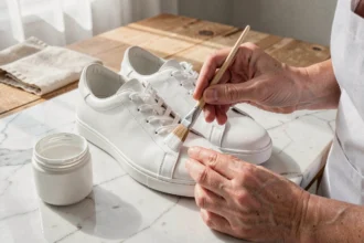 Application de peinture blanche pour chaussures sur des sneakers en cuir avant un mariage, avec pinceau et pot de peinture posés sur marbre