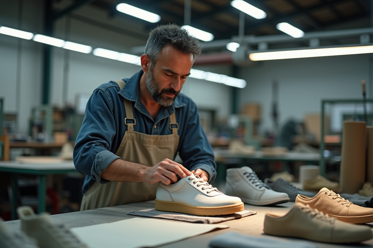 Artisan en overalls inspectant une sneaker dans l
