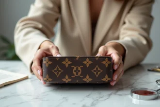 Femme authentifiant un sac Louis Vuitton en examinant les détails de couture et du motif monogramme à la loupe sur un bureau en marbre blanc