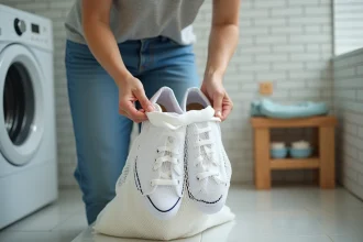 Femme plaçant des baskets blanches dans un filet de lavage avant de les mettre en machine