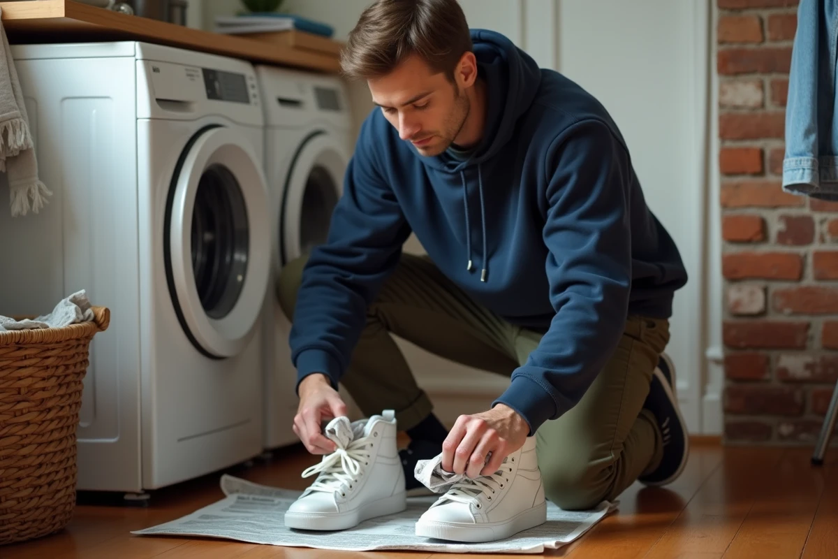 Homme remettant du papier journal dans des baskets blanches après lavage en machine pour conserver leur forme