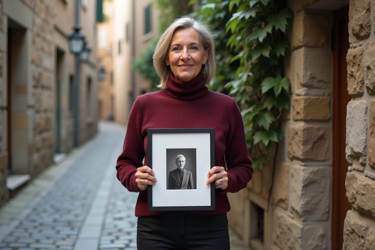Femme tenant un cliché photographique en noir et blanc devant un mur en pierre dans une ruelle européenne, illustration d'images rares et historiques
