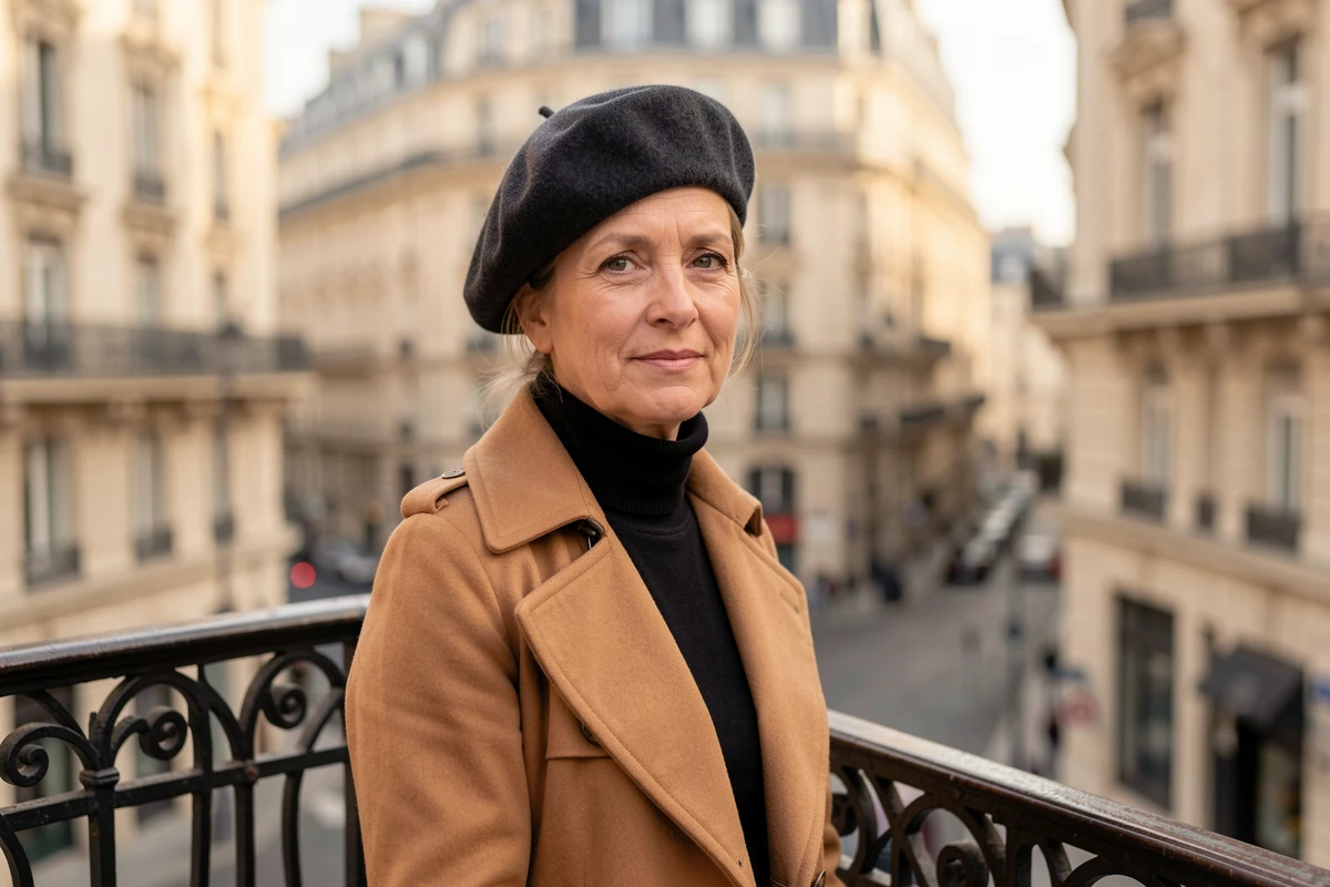 Femme française portant un béret en laine anthracite et un trench camel dans une rue parisienne