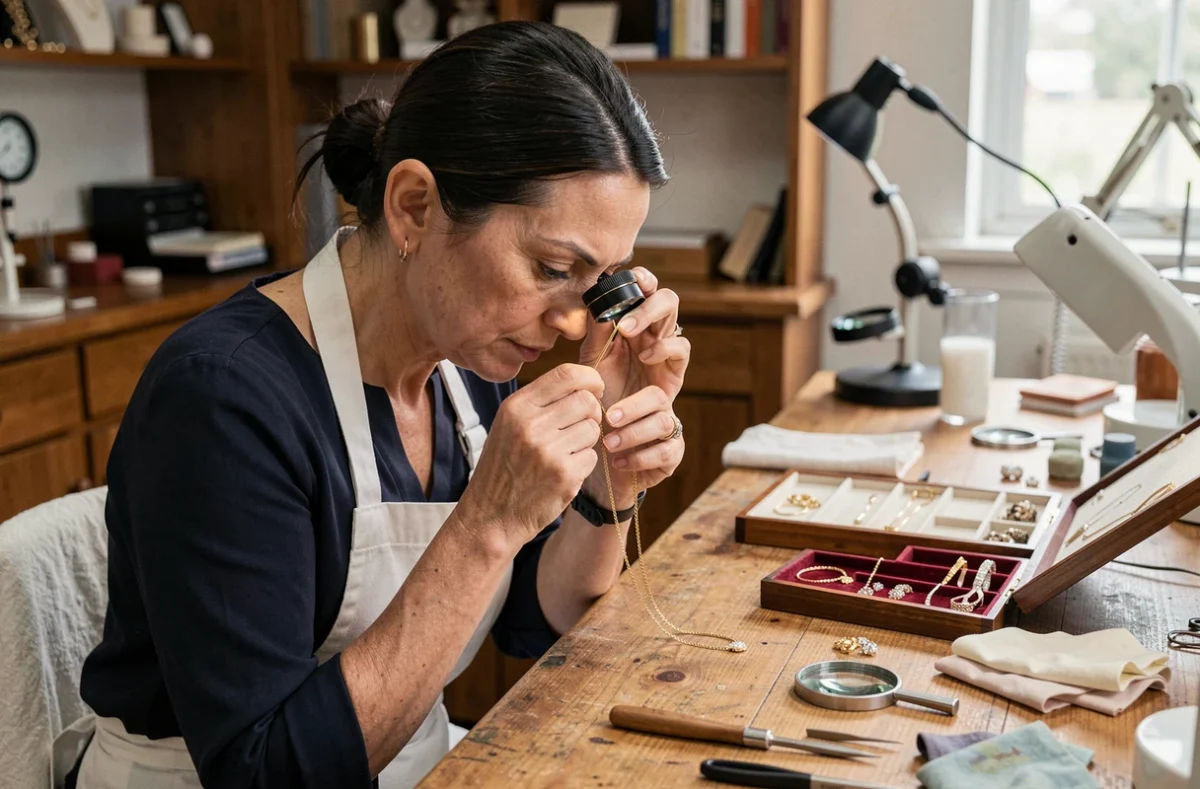 Bijoutière examinant un collier plaqué or à la loupe dans un atelier de joaillerie professionnel