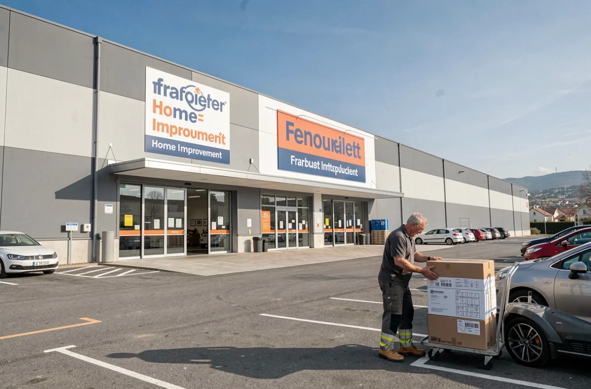 Façade extérieure du magasin BM Fenouillet avec son parking et un client chargeant des matériaux de construction