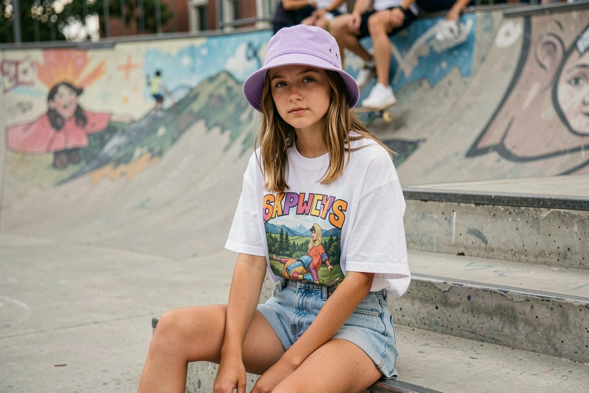 Adolescente portant un bob lilas pastel dans un skatepark urbain avec une fresque murale en arrière-plan