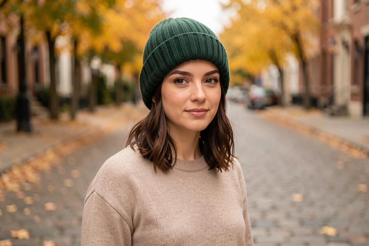 Jeune femme portant un bonnet en laine côtelée vert forêt dans une rue pavée en automne
