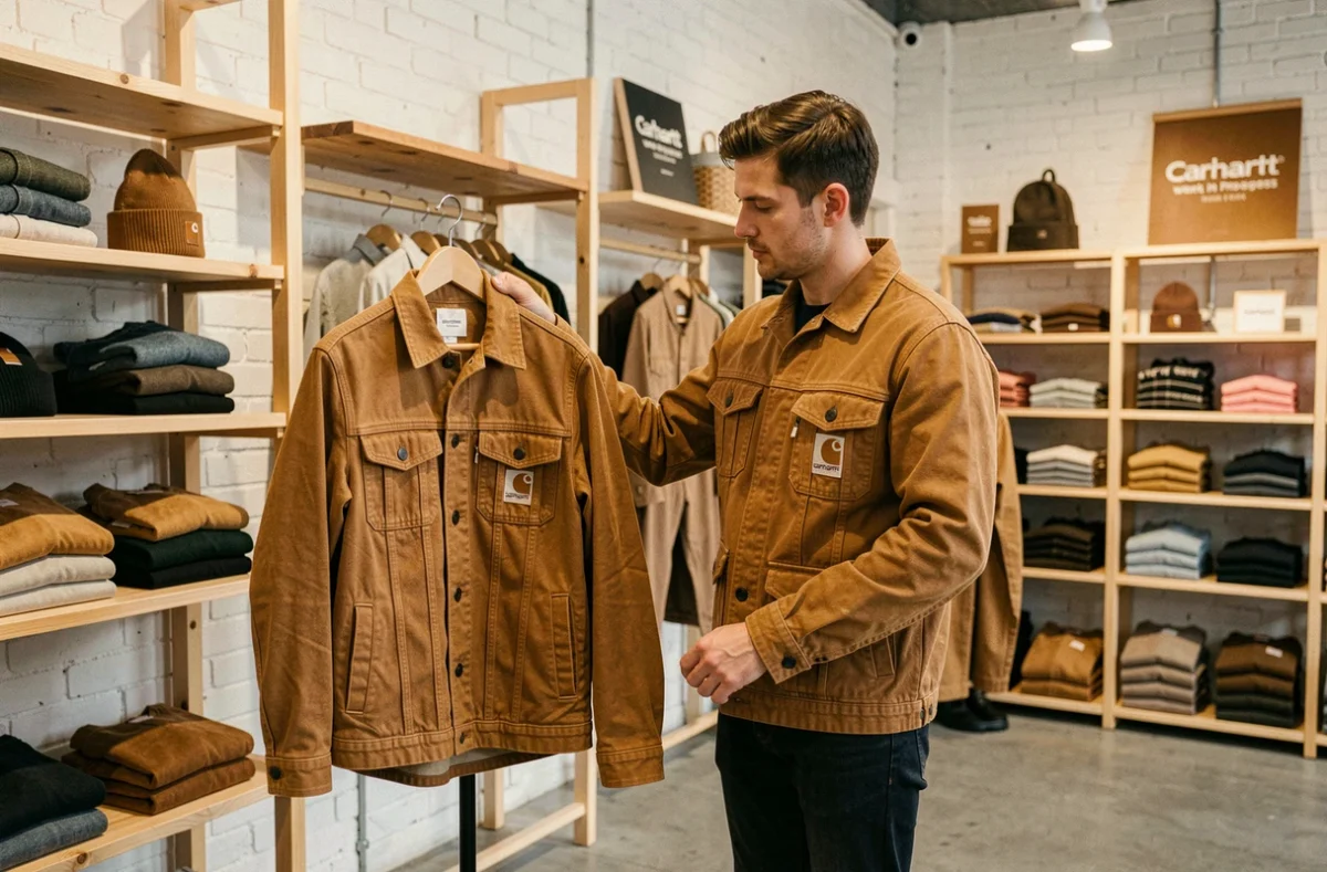 Intérieur de la boutique Carhartt à Lyon avec des vestes en toile cirée et des pantalons de travail exposés sur des présentoirs en bois brut