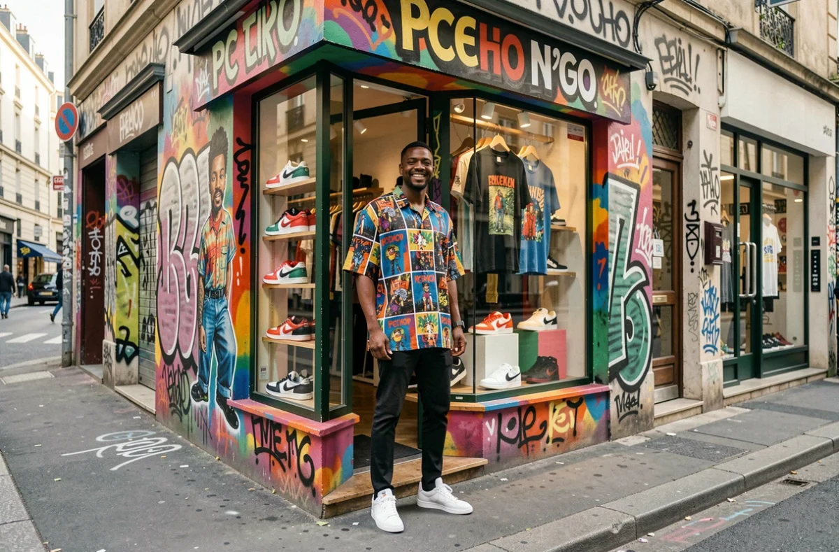 Façade colorée de la boutique Pecho N'Go à Lyon avec des sneakers en vitrine et un jeune homme souriant à l'entrée