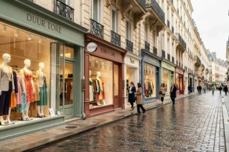 Rue commerçante de Tours avec boutiques de prêt-à-porter féminin et façades haussmanniennes