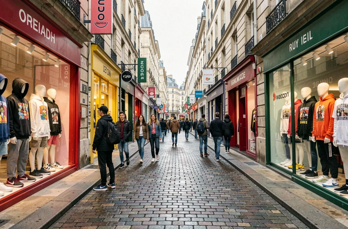 Rue commerçante animée de Lyon avec des boutiques de streetwear et des vitrines colorées présentant sneakers et vêtements urbains