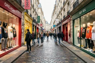 Rue commerçante animée de Lyon avec des boutiques de streetwear et des vitrines colorées présentant sneakers et vêtements urbains