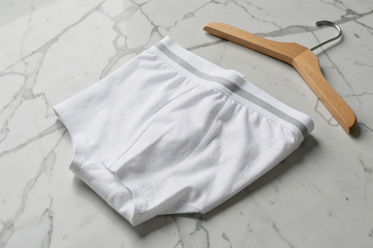 Boxer en coton blanc plié sur un comptoir en marbre gris clair avec un cintre en bois