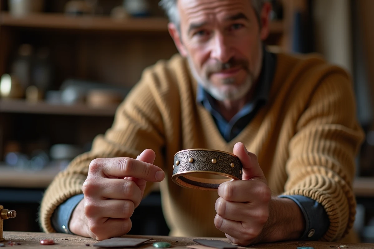 Homme artisan tenant un bracelet cuir et métal personnalisé fabriqué à la main dans un atelier de joaillerie avec outils en laiton