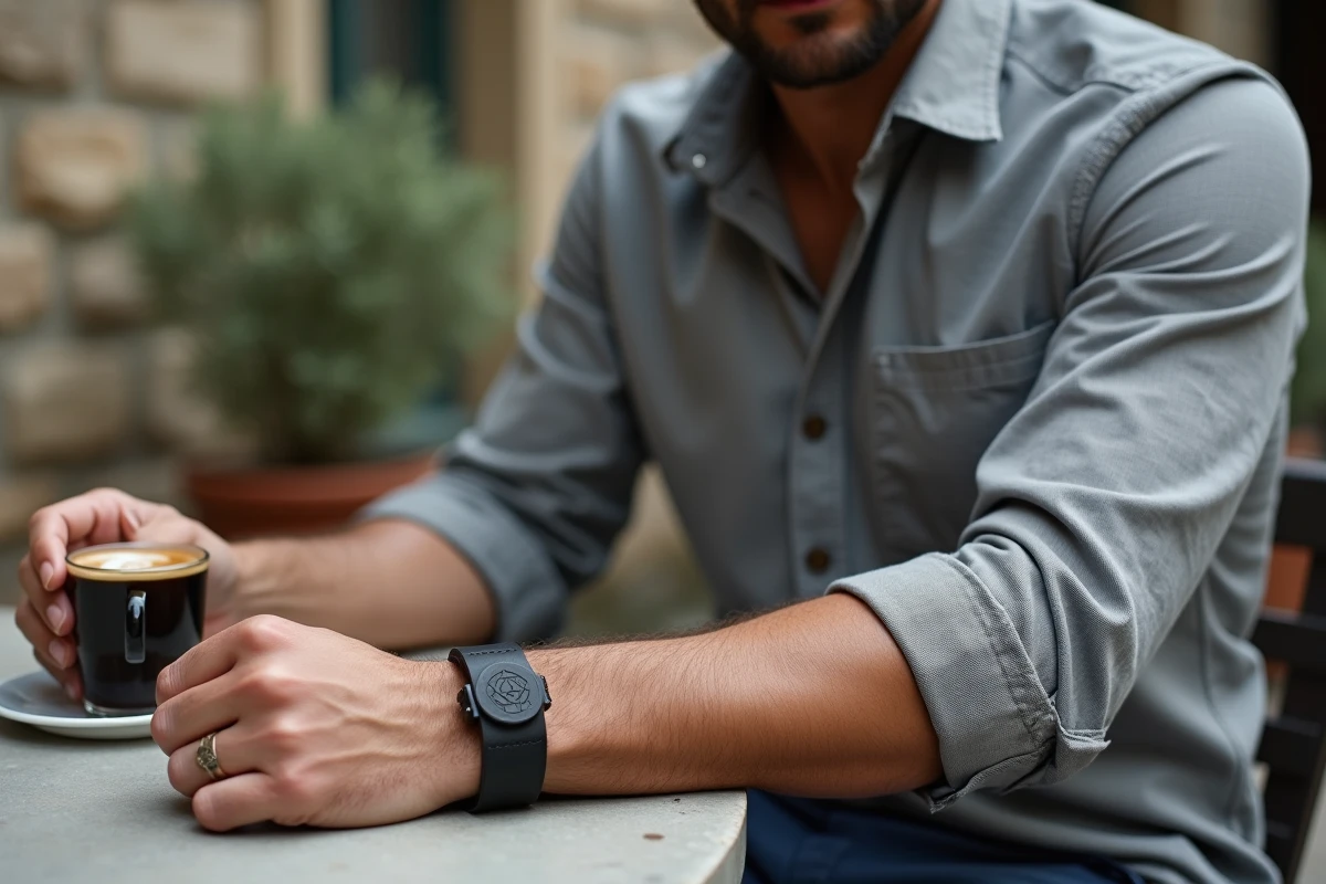 Homme portant un bracelet de force en cuir noir gravé sur mesure dans un café urbain en terrasse