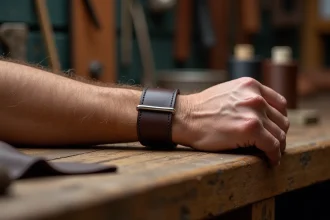 Bracelet de force en cuir pleine fleur marron foncé sur mesure porté par un homme dans un atelier artisanal de maroquinerie