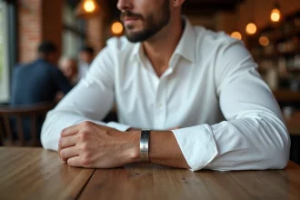 Homme portant un bracelet manchette en argent personnalisé avec initiales gravées, posé sur une table en chêne dans un café urbain