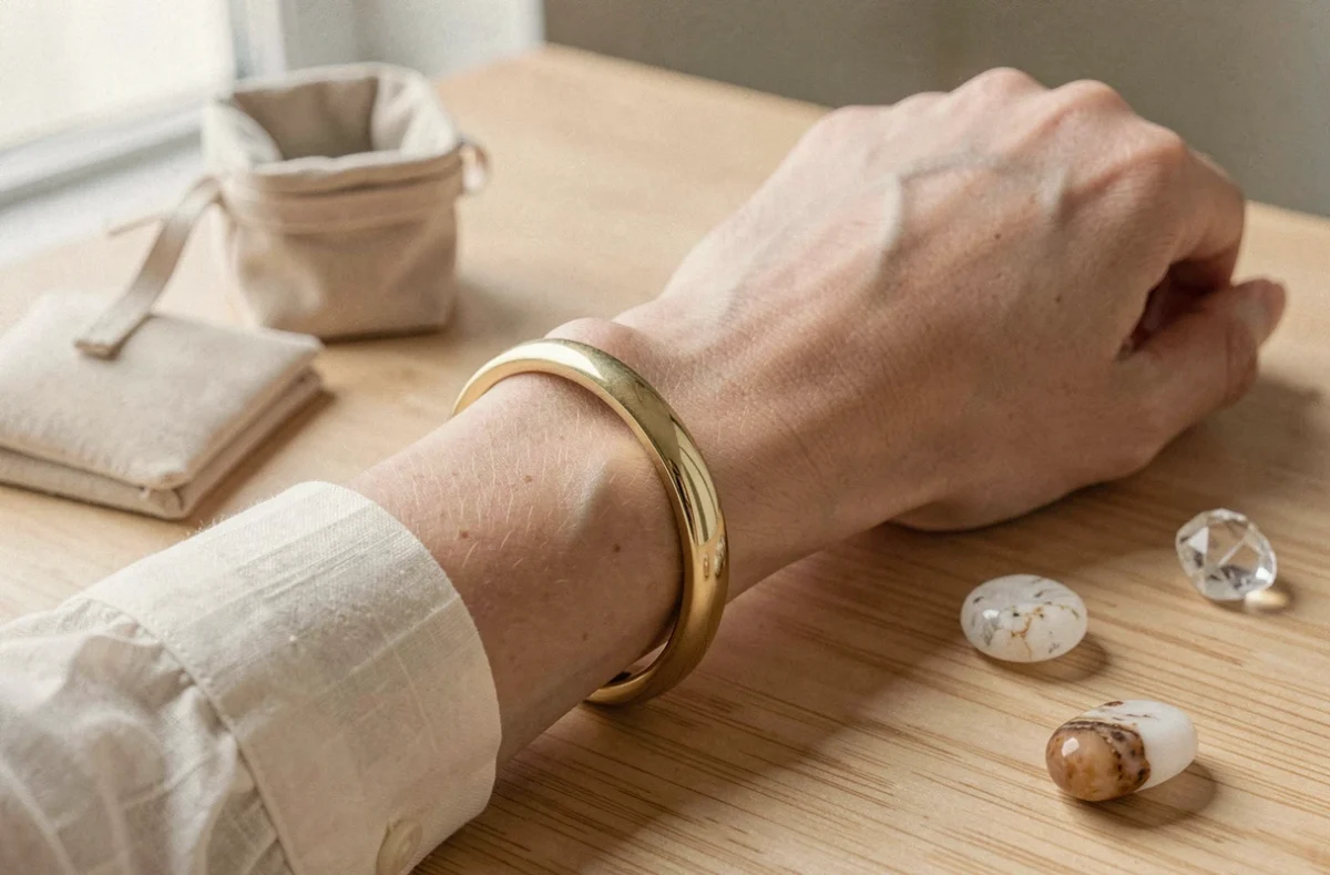 Bracelet plaqué or porté au poignet d'une femme, posé sur une table en bois avec une pochette en velours et des pierres décoratives