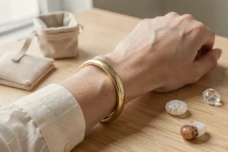 Bracelet plaqué or porté au poignet d'une femme, posé sur une table en bois avec une pochette en velours et des pierres décoratives