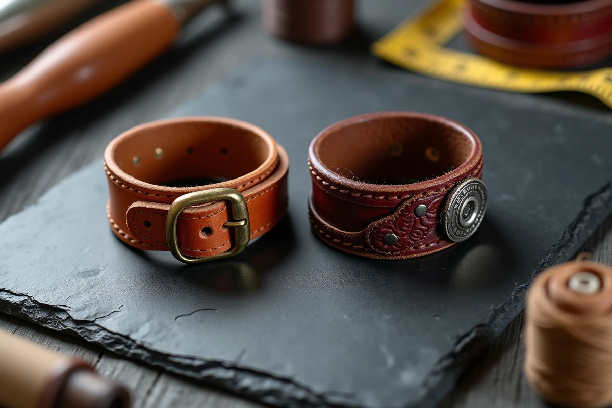 Deux bracelets de force en cuir sur mesure côte à côte sur ardoise, comparaison cognac et bordeaux avec détails artisanaux