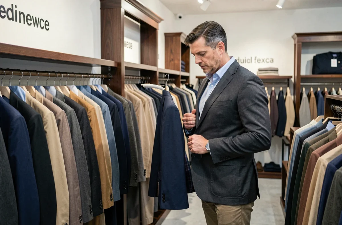 Rayon de costumes et vestes de la boutique Bruno Saint Hilaire avec un client examinant une veste de qualité