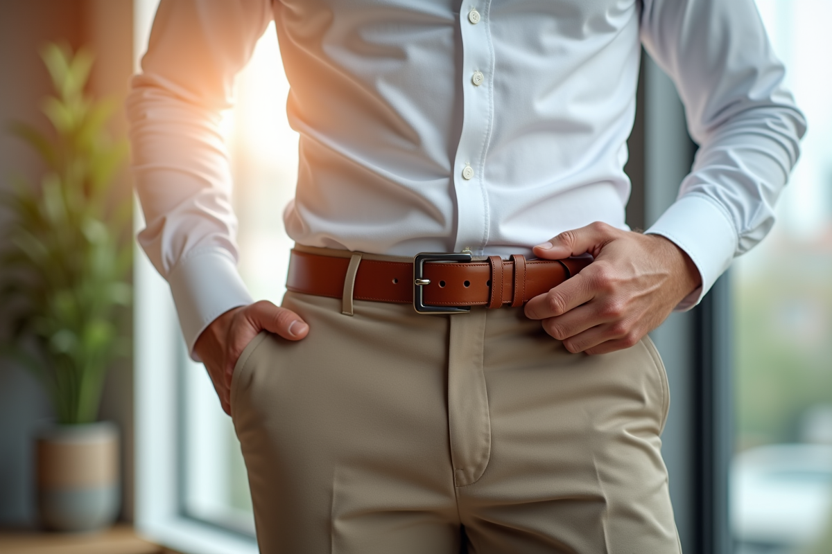 Homme en intérieur moderne portant une ceinture en cuir marron 30mm