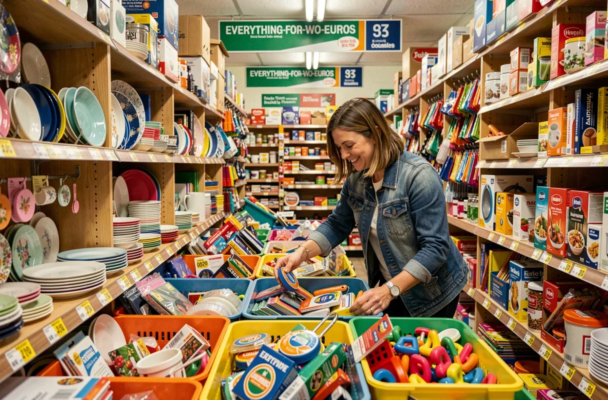 Intérieur du magasin C'est Deux Euros à Toulouse avec ses rayons remplis d'articles à petit prix