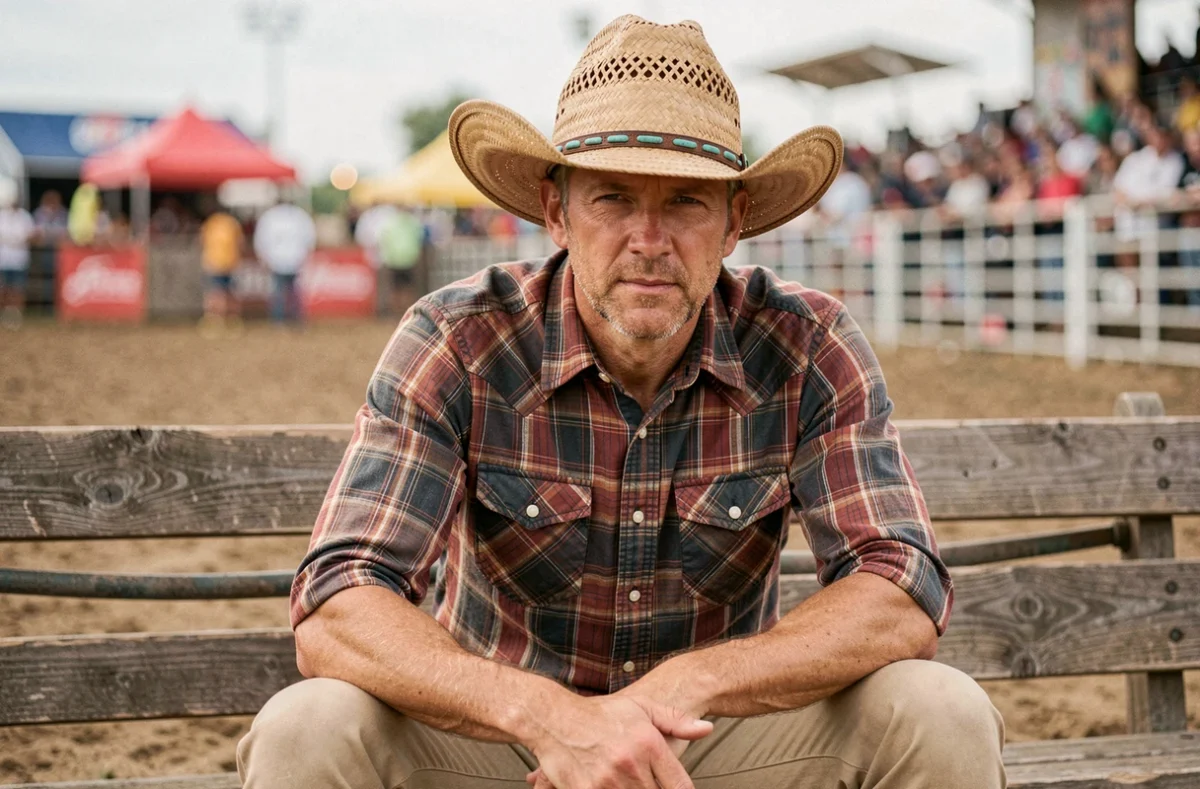 Homme en chapeau de paille style cowboy western assis lors d'un événement rodéo en plein air