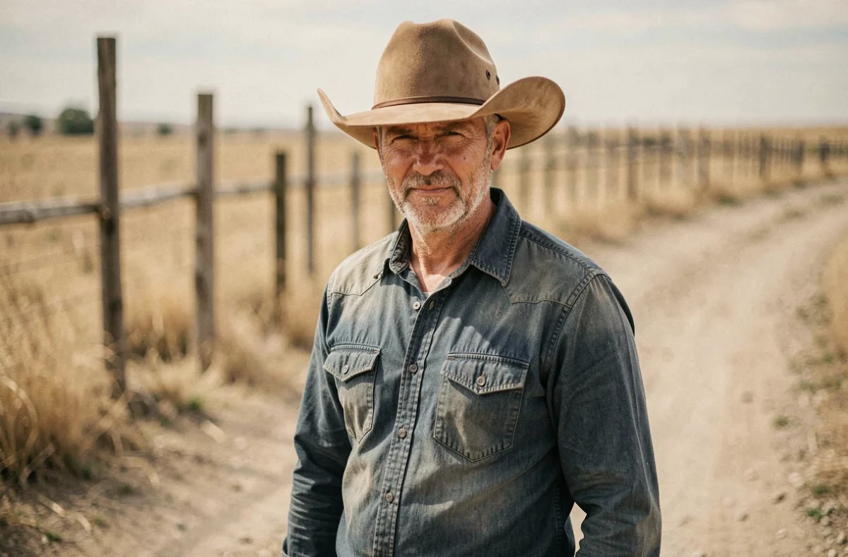 Homme portant un chapeau de cowboy western en feutre beige à larges bords dans un décor de ranch rustique