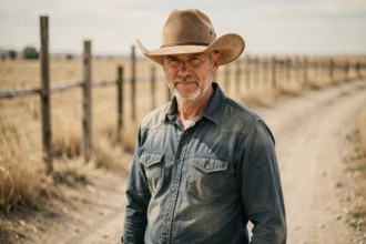 Homme portant un chapeau de cowboy western en feutre beige à larges bords dans un décor de ranch rustique
