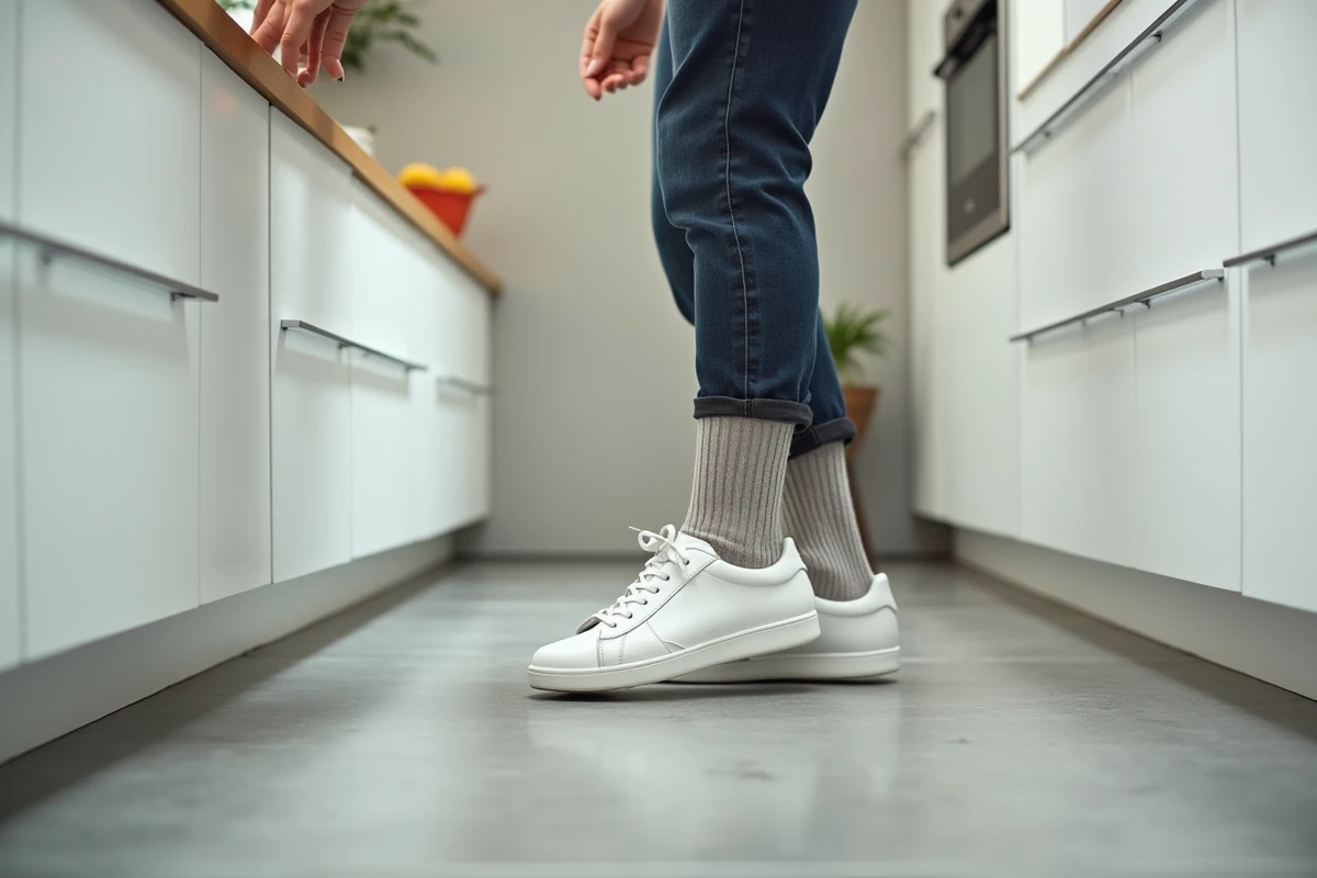 Femme portant des chaussettes épaisses dans des baskets blanches neuves trop serrées pour les élargir progressivement à la maison