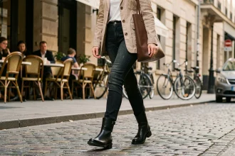 Femme portant des chaussures moto noires en ville sur des pavés, tenue urbaine casual avec veste beige et jeans slim