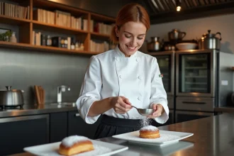 Jeune femme chef en cuisine professionnelle souriante