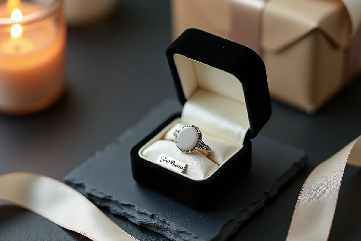 Chevalière en argent massif gravée présentée dans un écrin de luxe en velours noir comme cadeau personnalisé pour homme