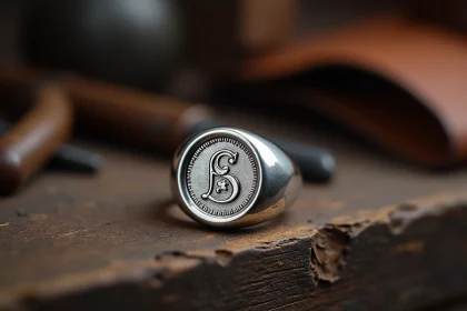 Chevalière en argent massif gravée d'un monogramme posée sur une surface en bois de chêne dans un atelier artisanal
