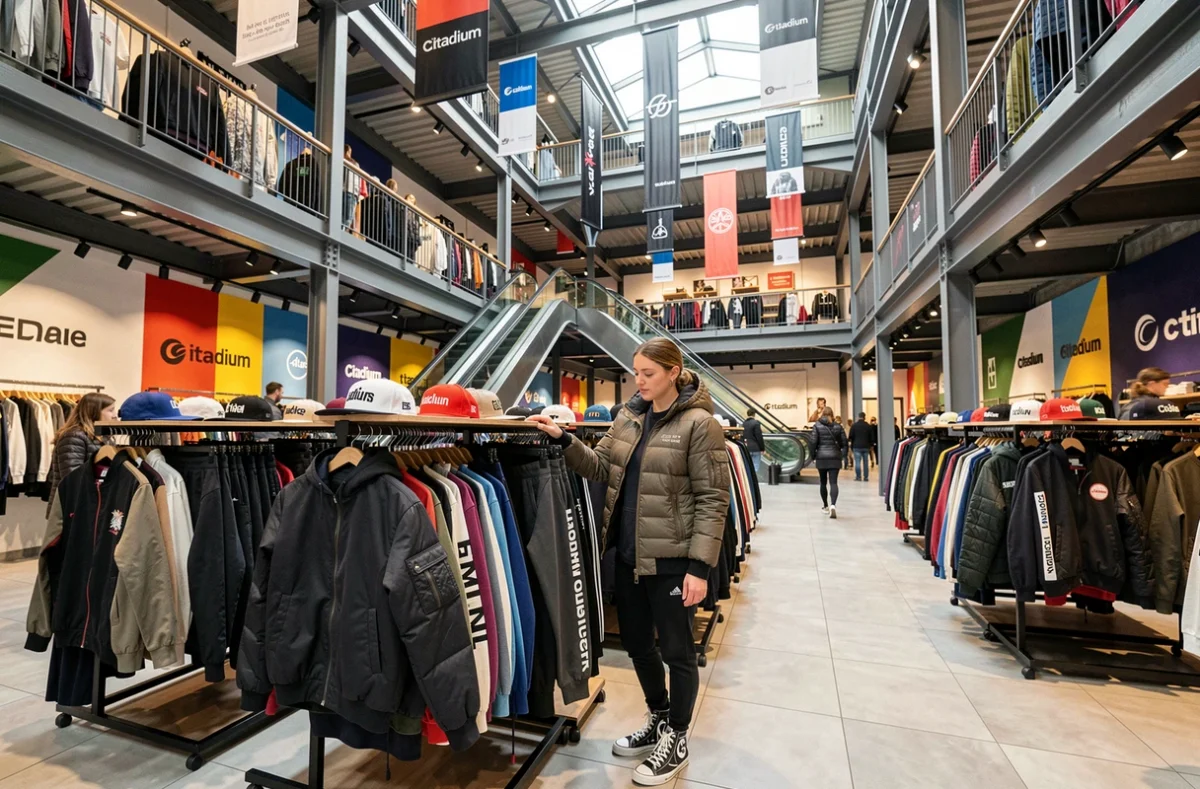 Grand intérieur du Citadium de Lyon sur plusieurs niveaux avec des rails de vêtements streetwear et des enseignes de marques urbaines