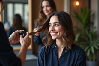 Femme souriante dans un salon moderne avec coiffeur