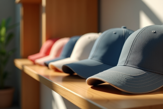 Collection de casquettes coloriees sur une étagère en bois