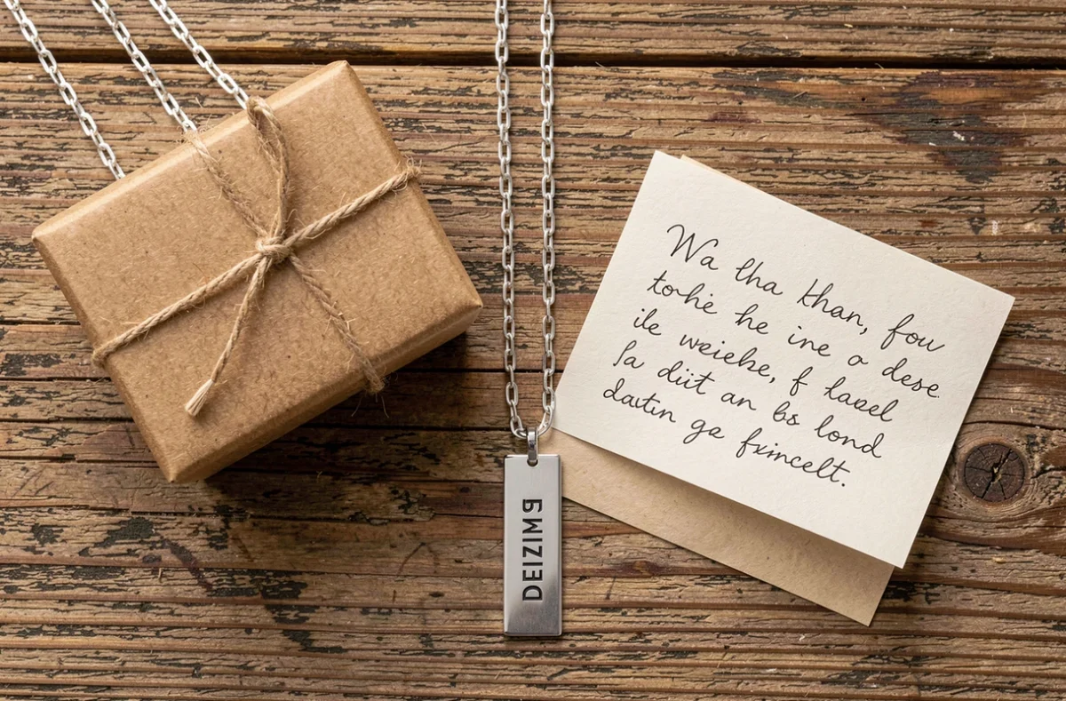 Collier ado garçon personnalisé avec gravure présenté en flat lay sur bois avec boîte cadeau