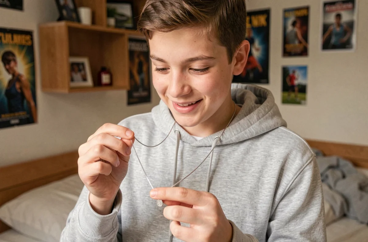 Adolescent garçon tenant un collier personnalisé gravé en argent dans sa chambre