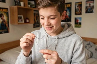 Adolescent garçon tenant un collier personnalisé gravé en argent dans sa chambre