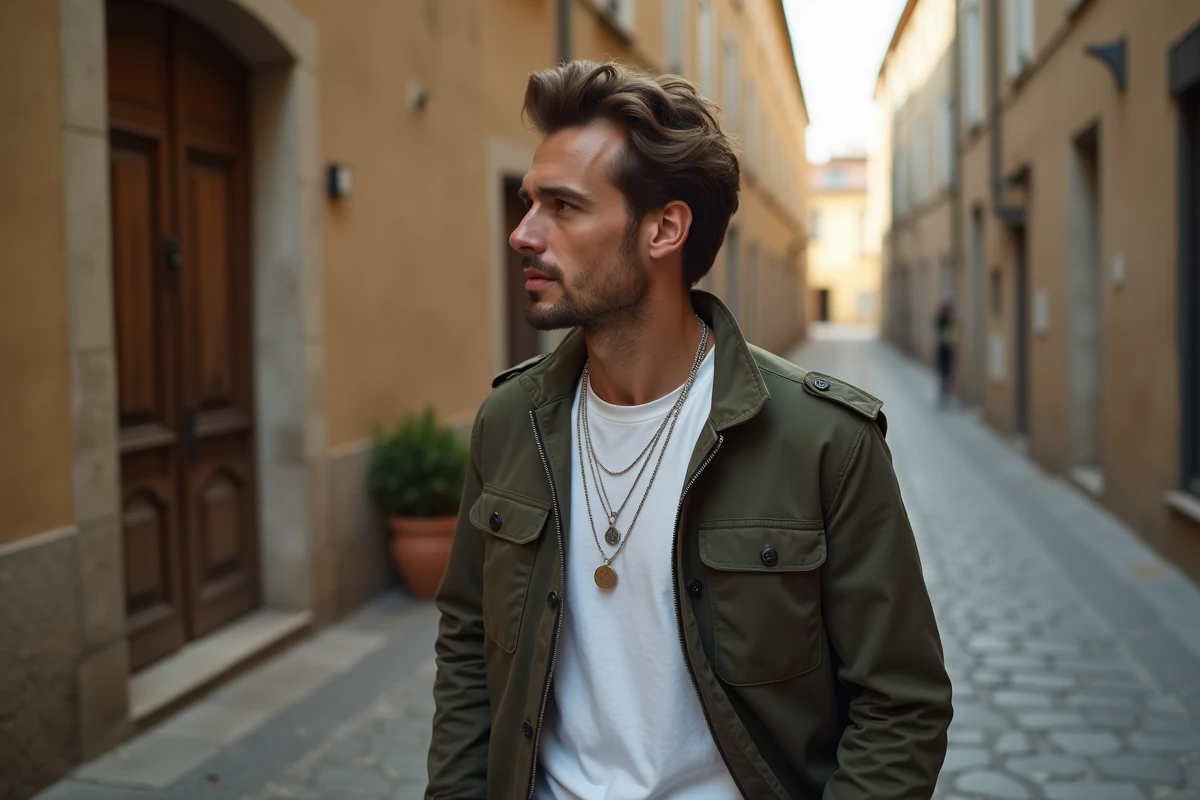 Homme en veste field kaki portant des chaînes en argent personnalisées avec pendentif coordonnées GPS dans une ruelle pavée européenne