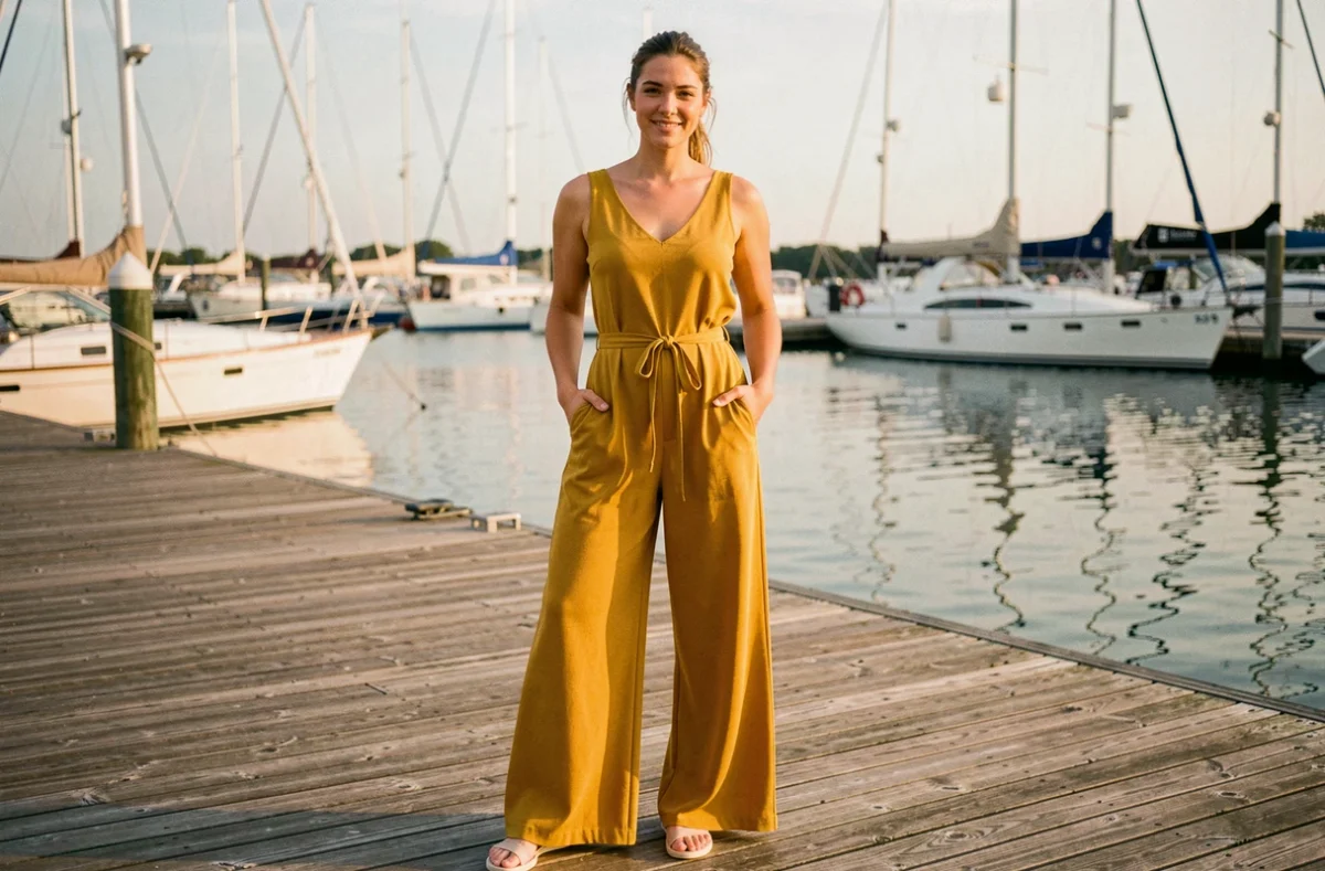 Femme en combinaison pantalon évasée unie jaune moutarde debout sur un ponton en bois avec des voiliers en arrière-plan